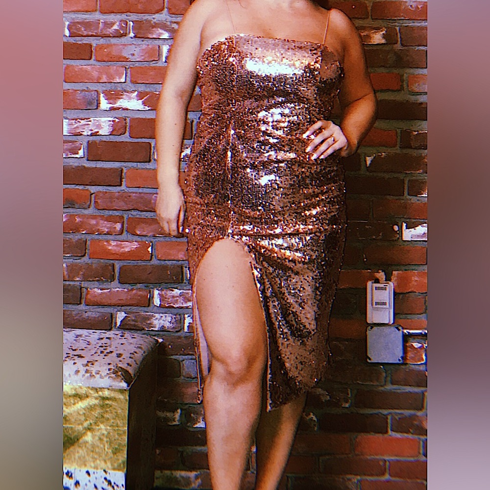 Jay Godfrey spaghetti strap Rose gold sequin dress with side slit
